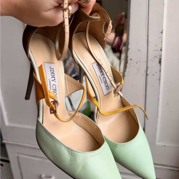 Jimmy Choo Mint and Orange Heels with Yellow Accents - Picture 2 of 5